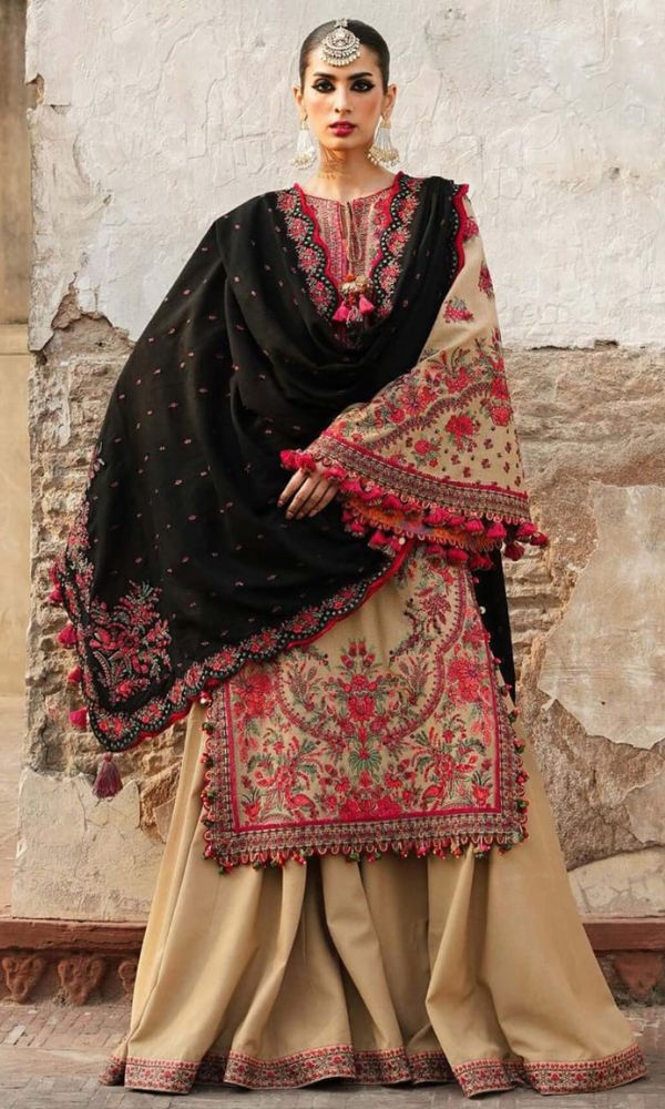 Dhanak 3pc heavy embroidered shirt with embroidered pallu shawl