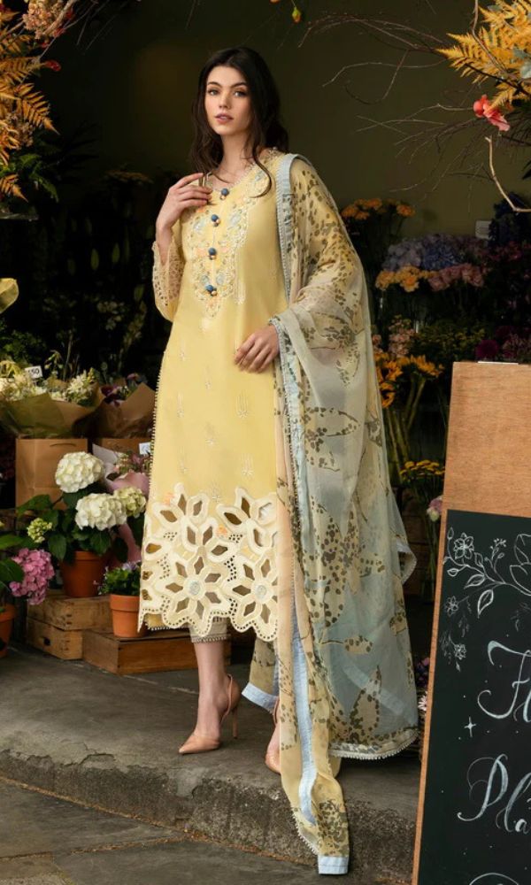 Lawn 3pc unstitched chikankari embroidered suit with digital printed dupatta