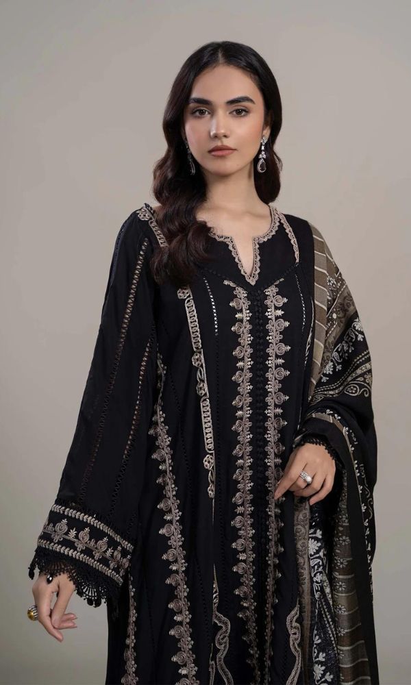 Dhanak 3pc heavy embroidered shirt with wool digital printed shawl