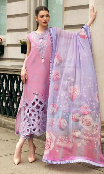 Lawn 3pc unstitched chiken kari embroidered suit with poly lawn digital printed dupatta