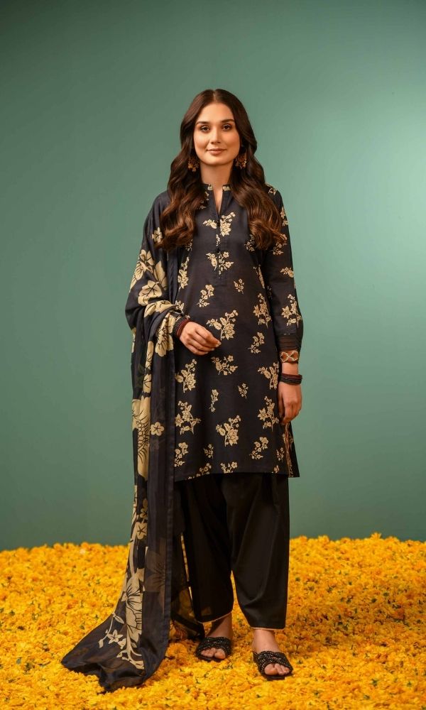 Dhanak 3pc unstitched heavy embroidered suit with poly woolen shawl