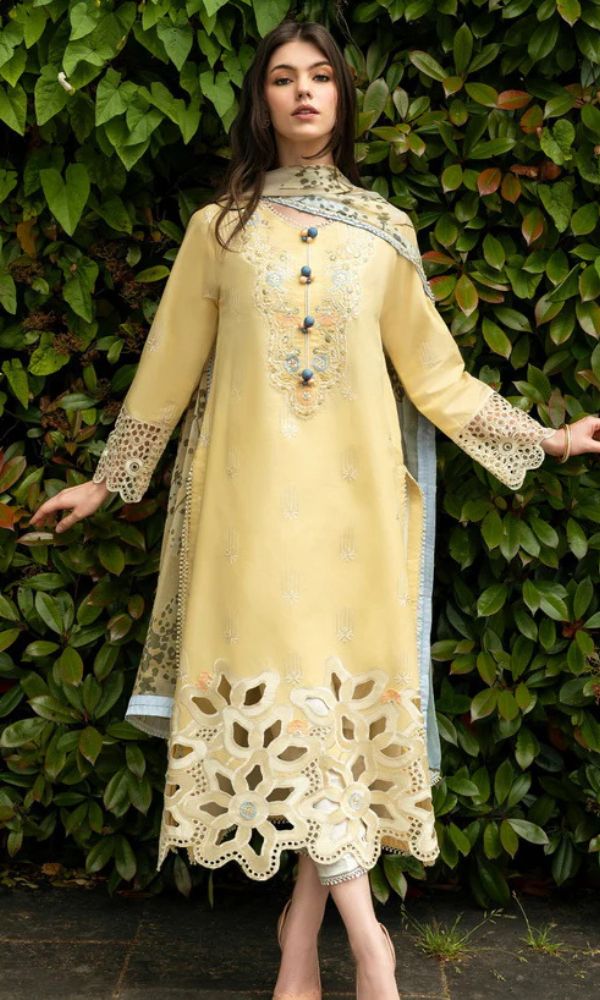 Lawn 3pc unstitched chikankari embroidered suit with digital printed dupatta