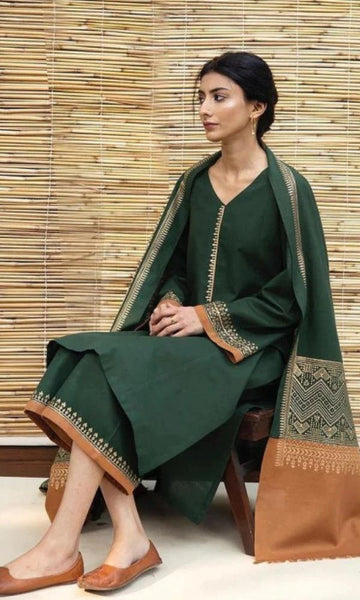 Dhanak 3pc unstitched suit with digital printed shawl and patches