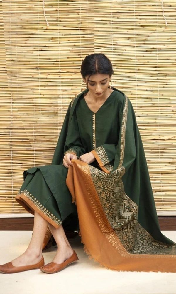 Dhanak 3pc unstitched suit with digital printed shawl and patches