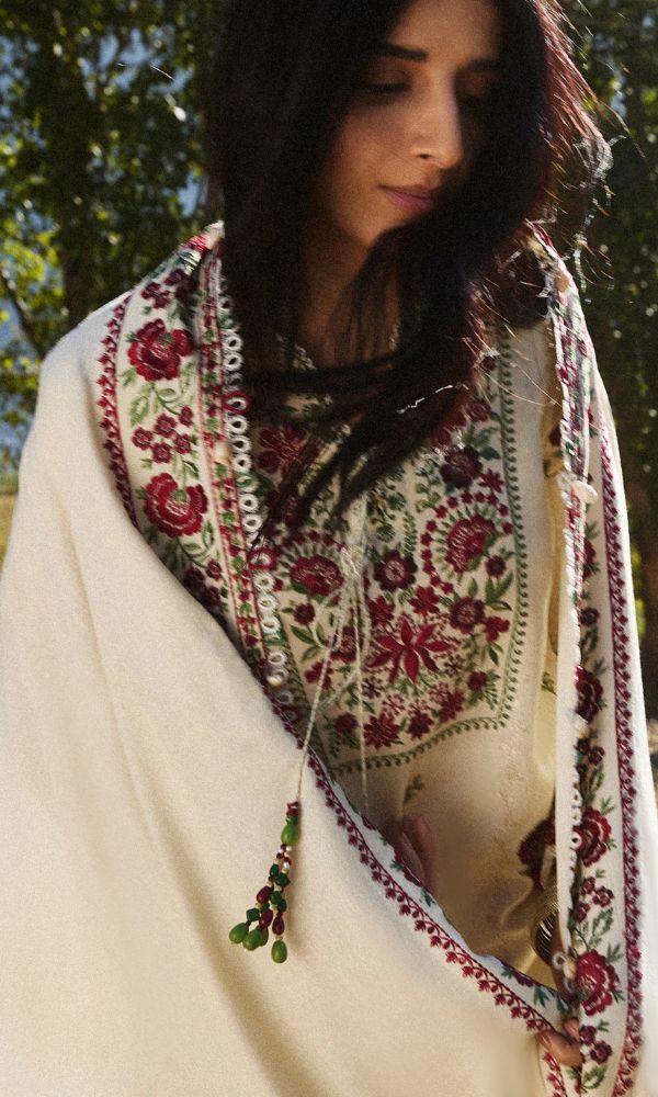Dhanak 3pc unstitched embroidered suit with embroidered shawl