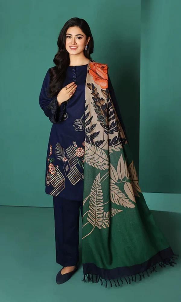 Dhanak unstitched 3pc embroidered suit with digital printed wool shawl