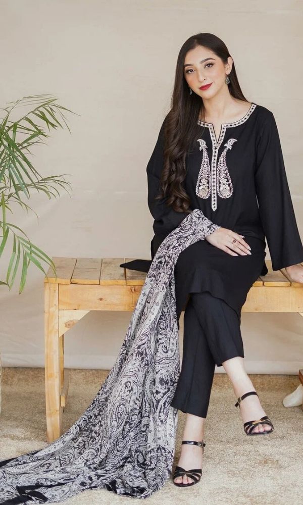 Dhanak 3pc unstitched embroidered shirt with digital printed wool shawl