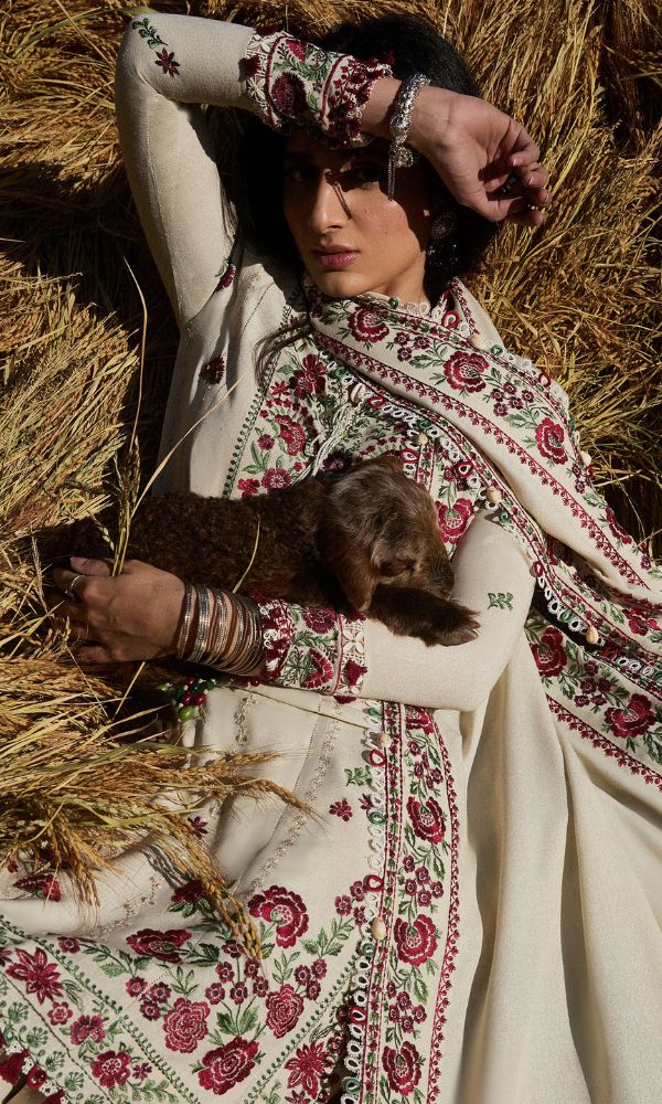 Dhanak 3pc unstitched embroidered suit with embroidered shawl