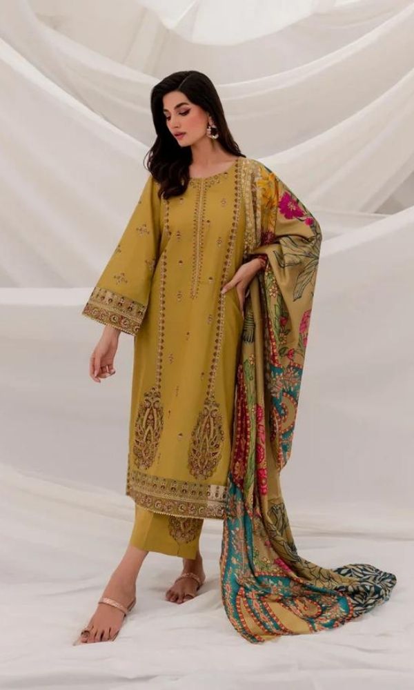 Dhanak 3pc unstitched heavy embroidered shirt with patches and diamond digital printed dupatta