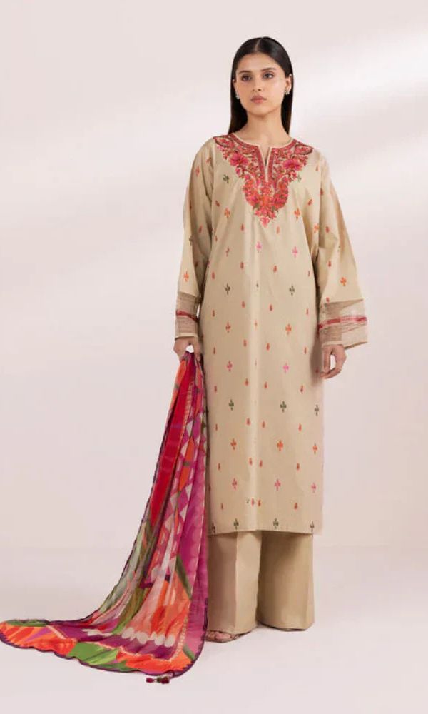 Dhanak 3pc unstitched fully embroidered suit with digital printed wool shawl