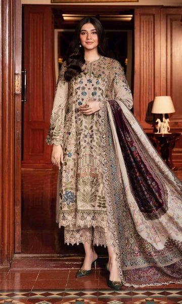 Dhanak 3pc unstitched fully embroidered suit with digital printed wool shawl