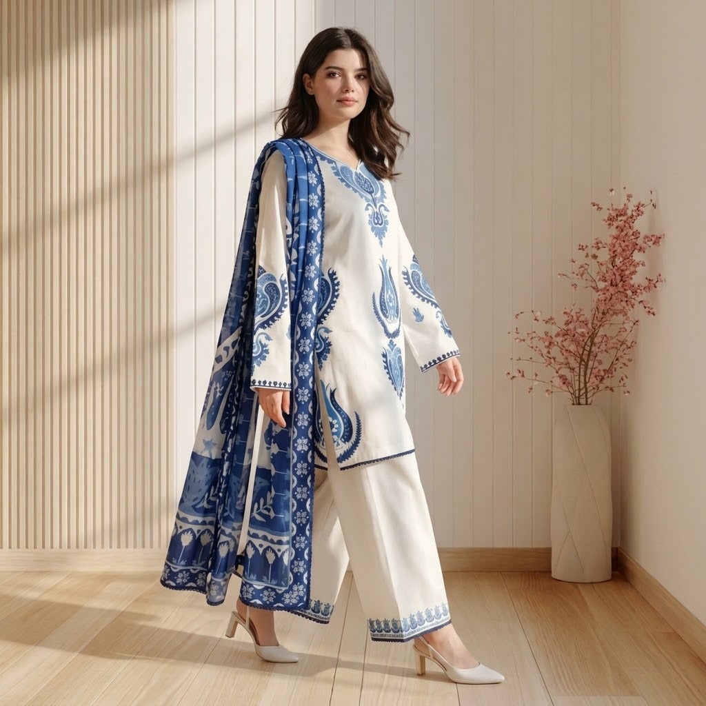 1. Premium Dhanak 3 Piece Embroidered Suit for Women
2. Dhanak Embroidered Shirt for Women’s Unstitched Suit
3. Dhanak Embroidered Sleeves for Women’s Winter Suit
4. Dhanak Plain Backside for Women’s Unstitched Suit
5. Digital Printed Poly Wool Shawl for Dhanak 3 Piece Suit
6. Dhanak Plain Trouser with Patches for Women’s Winter Suit
