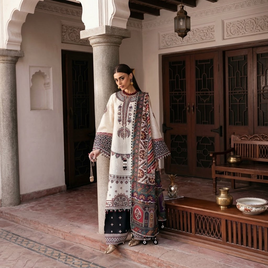 Premium Dhanak 3 Piece Embroidered Suit for Women
Dhanak Embroidered Shirt for Women’s Winter Suit
Dhanak Embroidered Sleeves with Patches
Dhanak Plain Backside for Unstitched Suit
Digital Printed Poly Wool Shawl for Dhanak Suit
Dhanak Embroidered Trouser for Women’s Winter Suit