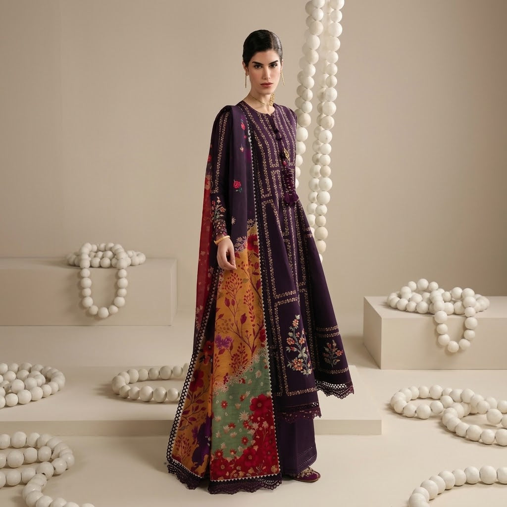 Premium Dhanak 3 Piece Embroidered Suit for Women
Dhanak Embroidered Shirt with Daman Patch
Dhanak Embroidered Sleeves for Women’s Winter Suit
Dhanak Plain Backside for Unstitched Suit
Digital Printed Poly Wool Shawl for Dhanak Suit
Dhanak Plain Trouser for Women’s Winter Suit