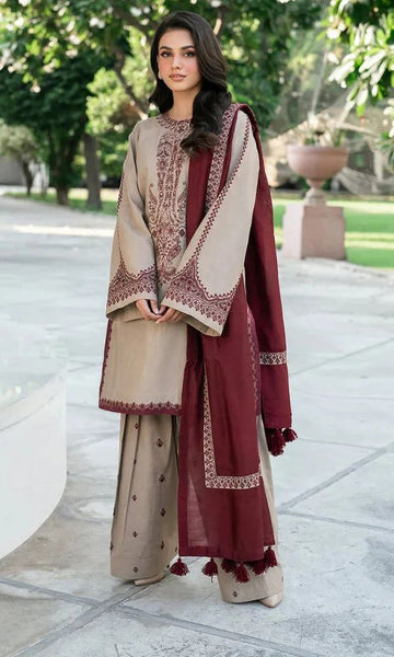 Winter collection 3pc unstitched embroidered suit with embroidered trouser and embroidered shawl