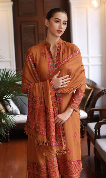 Dhanak 3pc unstitched fully embroidered suit with heavy embroidered shawl and patches