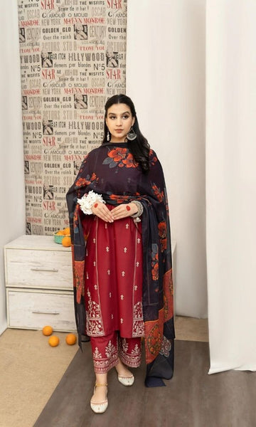 Dhanak 3pc unstitch heavy embroidered suit with poly woolen shawl