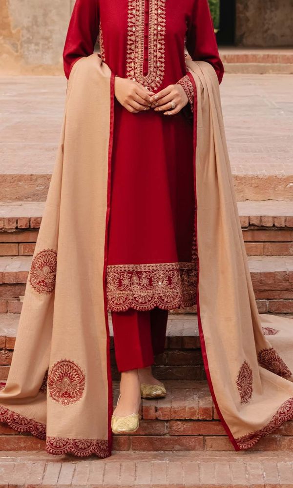 Dhanak 3pc unstitched heavy embroidered suit with heavy embroidered shawl