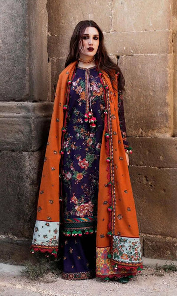 Dhanak unstitched 3pc heavy embroidered shirt with dhanak embroidered pallu shawl