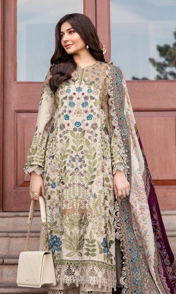 Dhanak 3pc unstitched fully embroidered suit with digital printed wool shawl