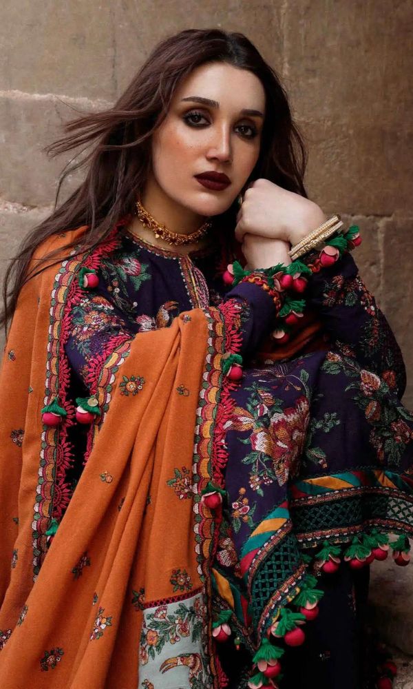 Dhanak unstitched 3pc heavy embroidered shirt with dhanak embroidered pallu shawl