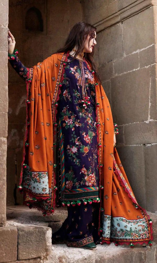 Dhanak unstitched 3pc heavy embroidered shirt with dhanak embroidered pallu shawl