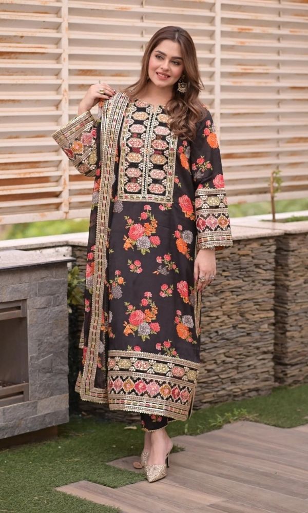 Silk 3pc unstitched digital printed suit with organza digital printed dupatta