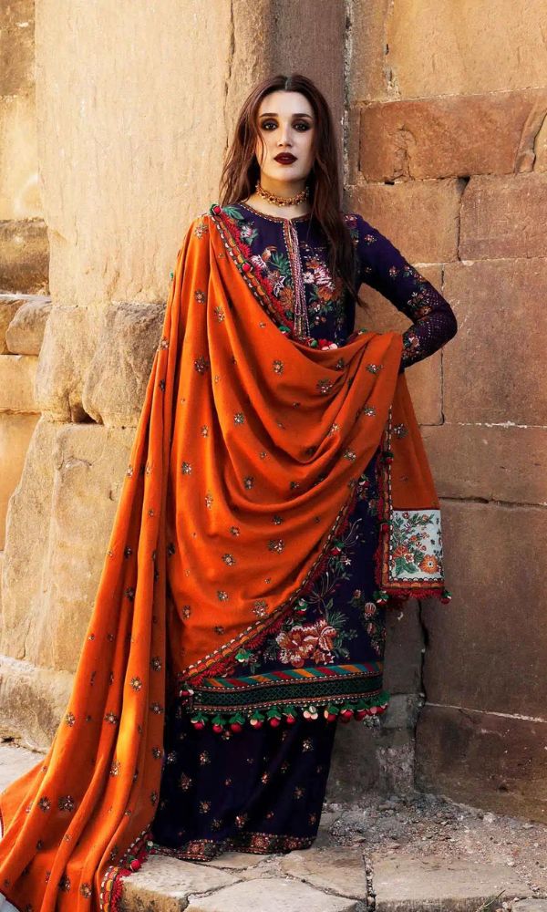 Dhanak unstitched 3pc heavy embroidered shirt with dhanak embroidered pallu shawl