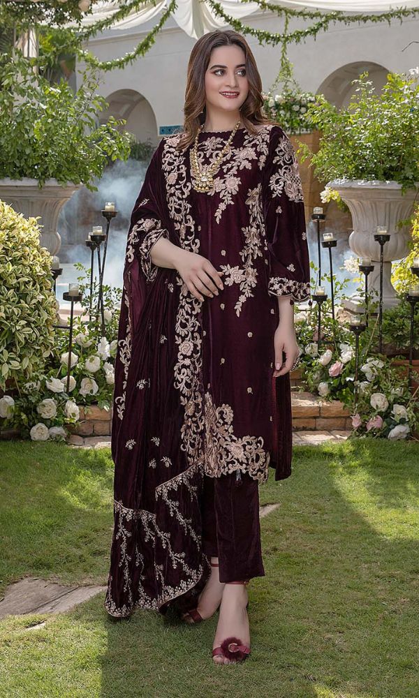 Velvet 3pc sequence embroidered shirt with velvet embroidered shawl