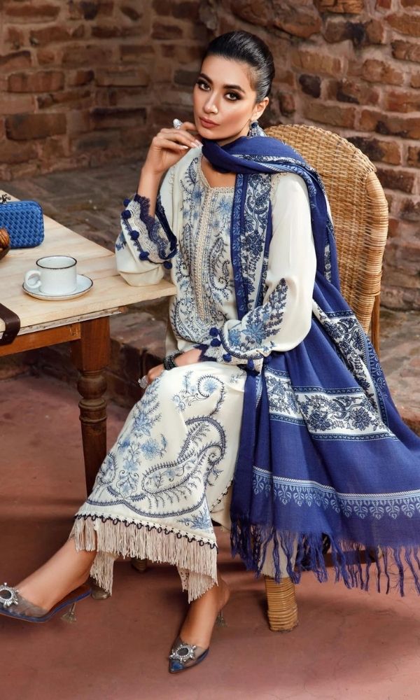 Dhanak 3pc unstitched heavy embroidered suit with digital printed wool shawl