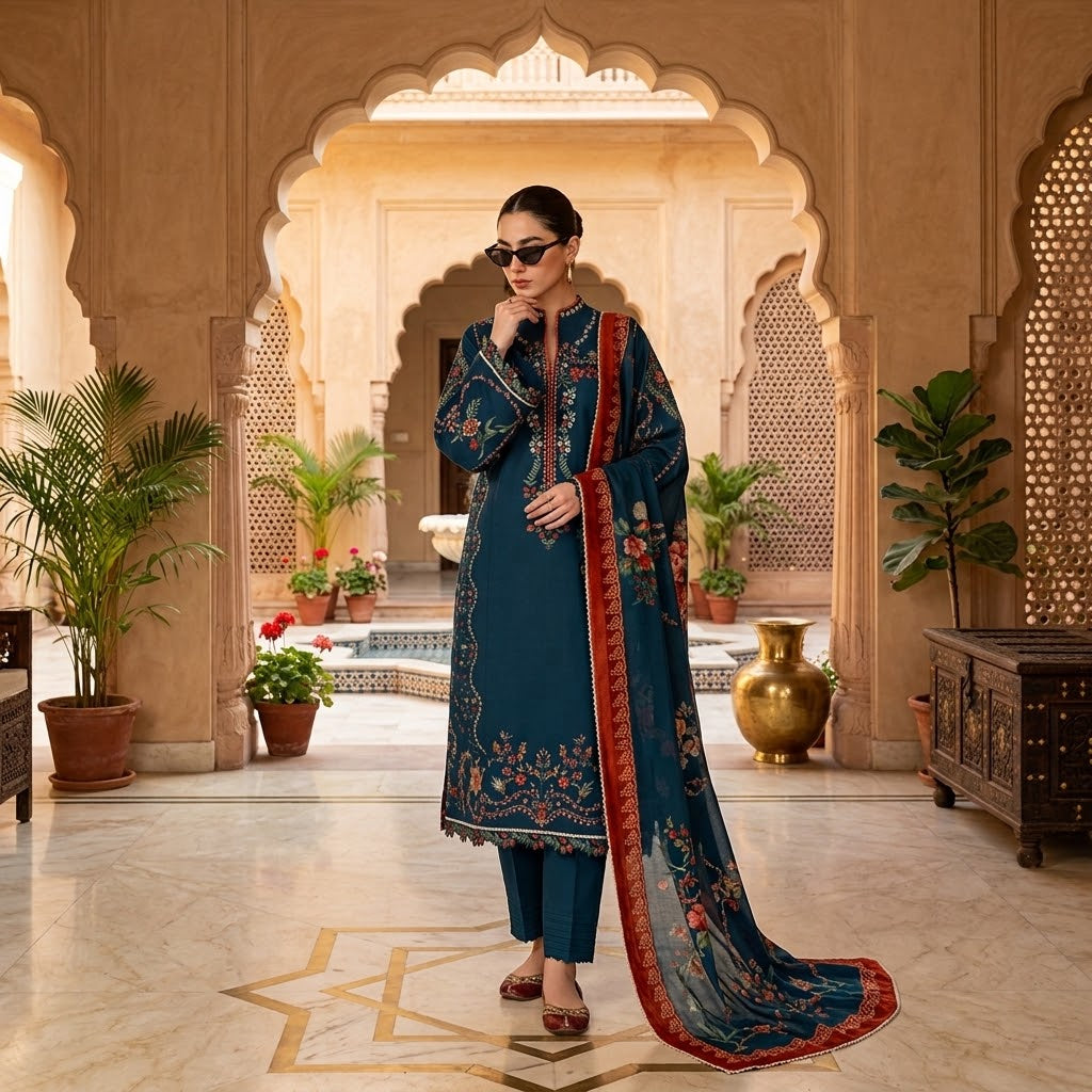 Women's winter embroidered Dhanak 3 piece unstitched suit with embroidered shawl and trouser
