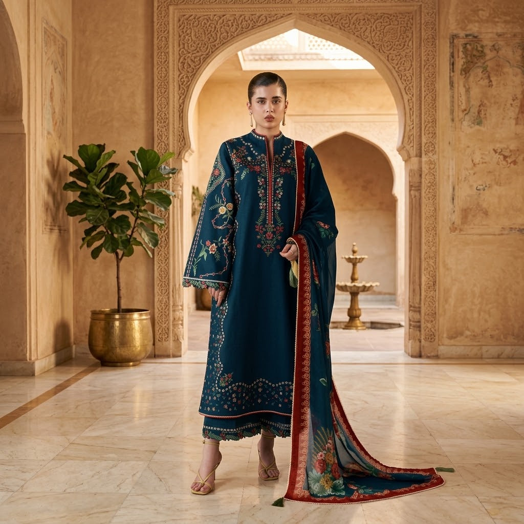 Women's Winter Embroidered Dhanak 3 Piece Suit with Embroidered Shawl WS-034