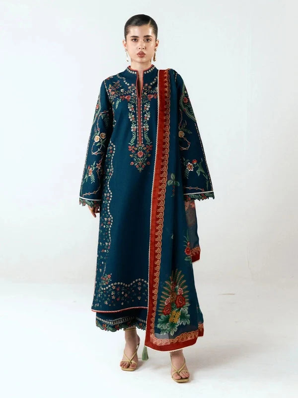 Women's winter embroidered Dhanak 3 piece unstitched suit with embroidered shawl and trouser