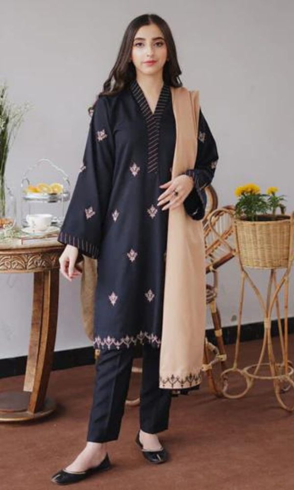 Dhanak 3pc unstitched embroidered shirt with dhanak embroidered shawl