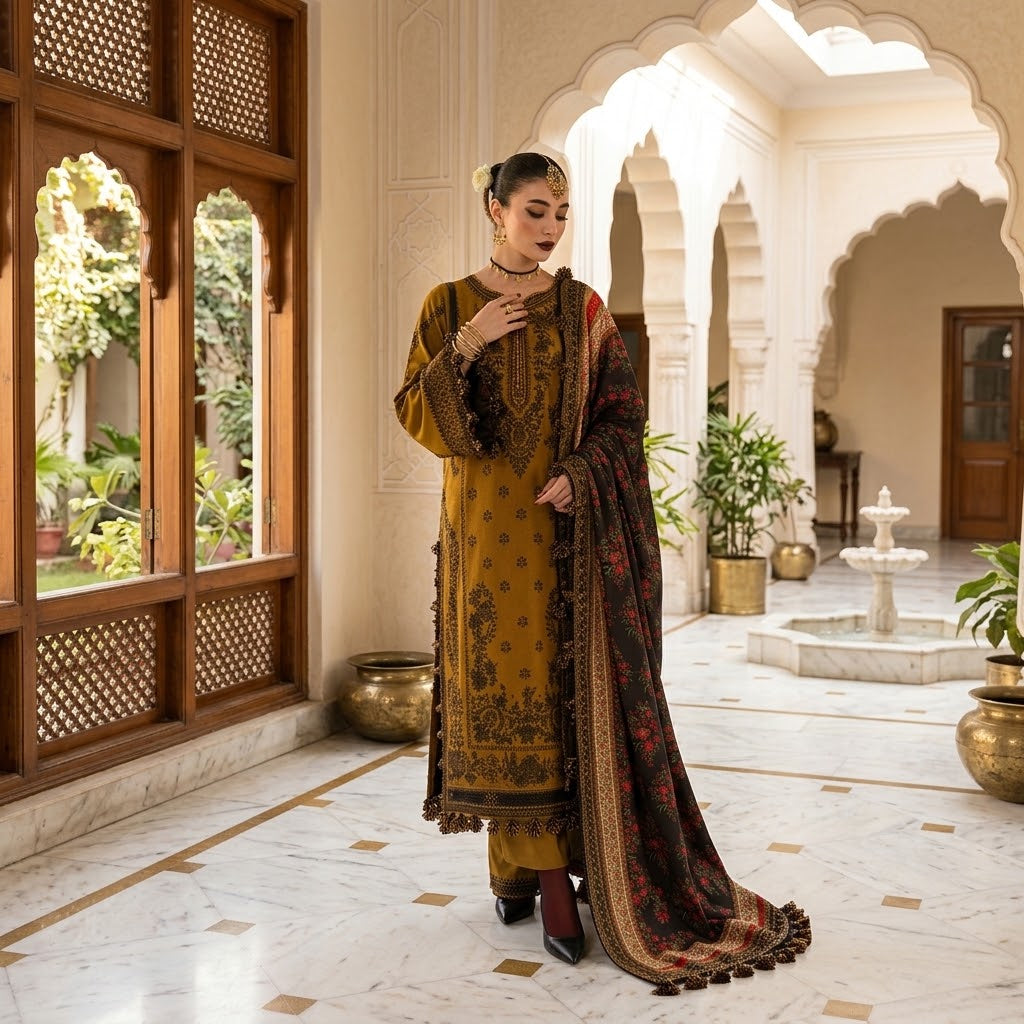 Women's winter embroidered Dhanak 3 piece unstitched suit with digital printed poly wool shawl