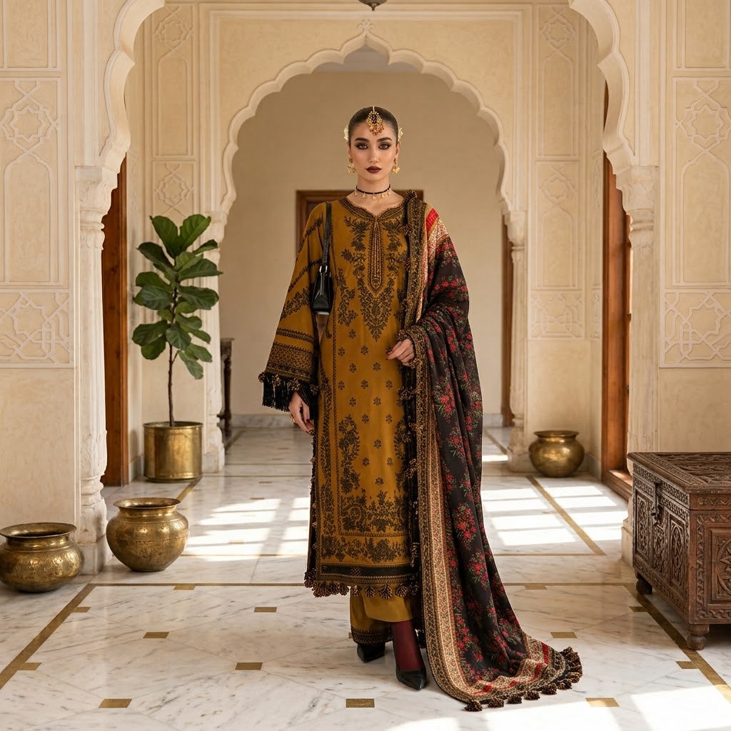 Women's winter embroidered Dhanak 3 piece unstitched suit with digital printed poly wool shawl