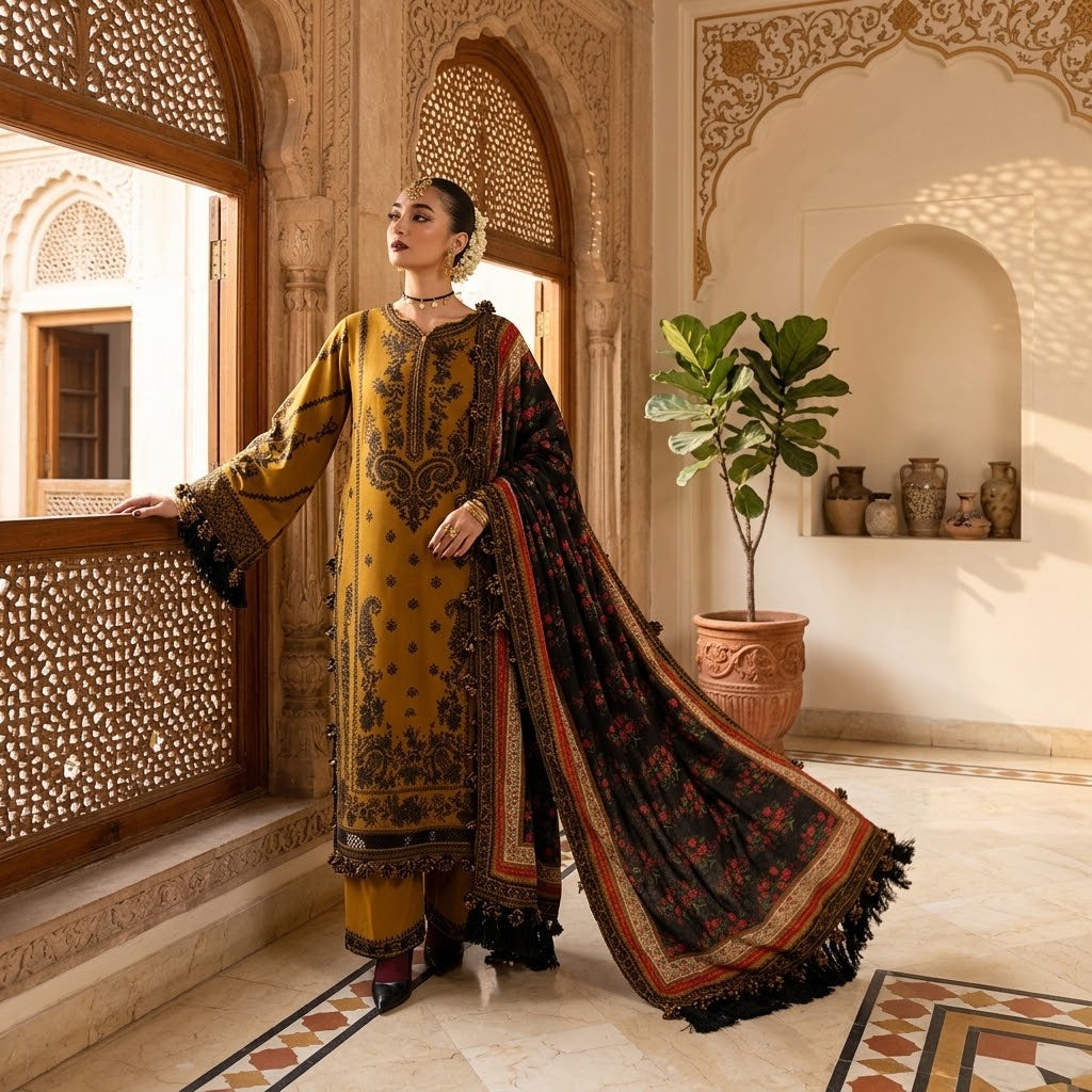 Women's Winter Embroidered Dhanak 3 Piece Suit with Digital Printed Shawl WS-35