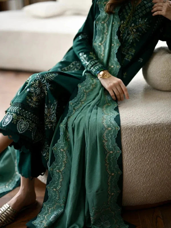 Women’s Winter Embroidered Dhanak 3 Piece Suit with Daman Patch & Embroidered Shawl WS-36