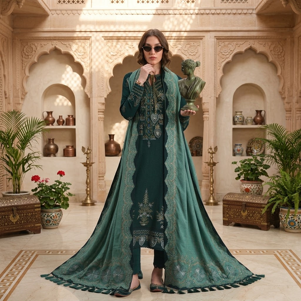 Women’s winter 3 piece embroidered Dhanak suit with daman patch, embroidered shawl with pallu patch and plain trouser