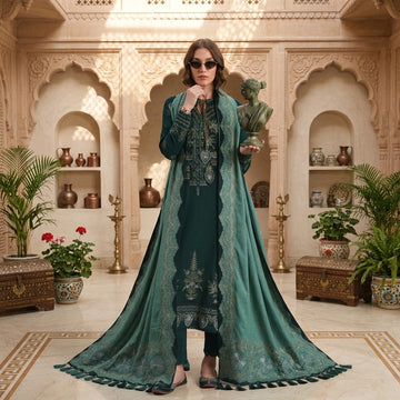 Women’s winter 3 piece embroidered Dhanak suit with daman patch, embroidered shawl with pallu patch and plain trouser