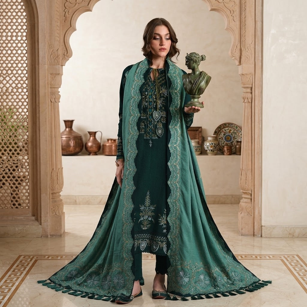 Women’s Winter Embroidered Dhanak 3 Piece Suit with Daman Patch & Embroidered Shawl WS-36