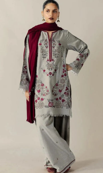 Dhanak 3pc usntitched embroiered winter collection suit with embroidered shawl