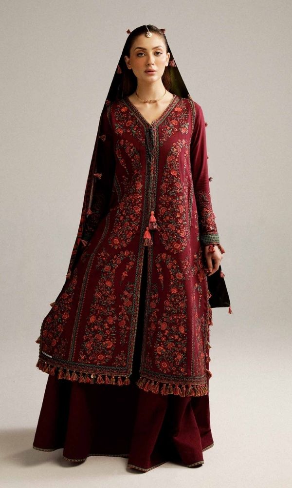 Dhanak 3pc unstitched heavy embroidered suit with digital printed wool shawl