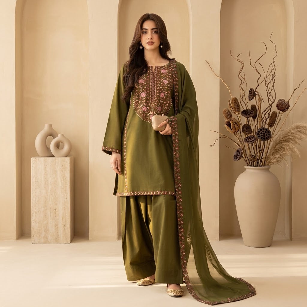 Women’s Winter 3 Piece Embroidered Dhanak Suit with Chak Patti & Pallu Patch Shawl WS-39