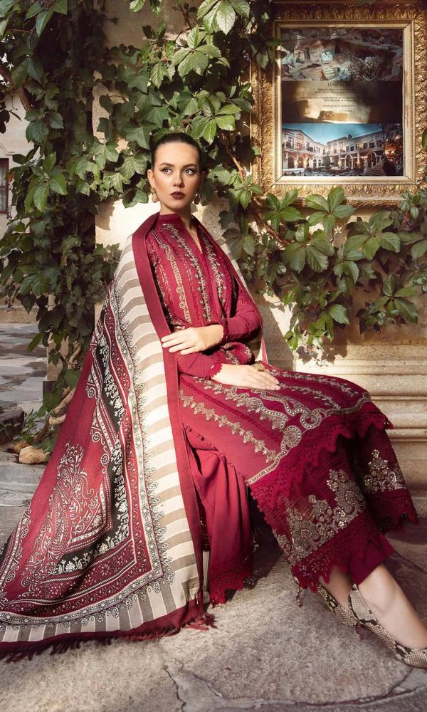 Lawn unstitched 3c heavy Embroidered suit with silk dupatta