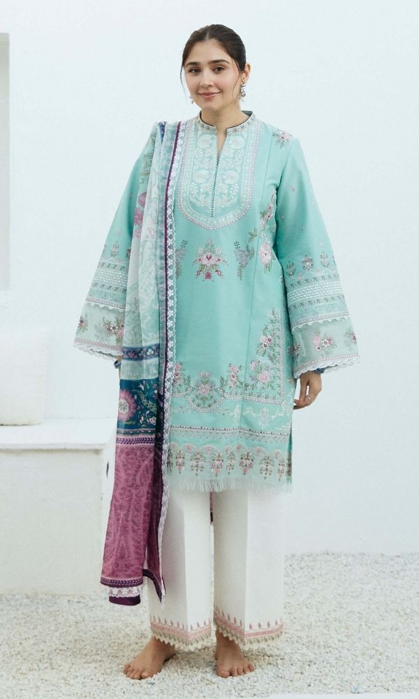 Dhanak 3pc unstitched heavy embroidered suit with digital printed dupatta