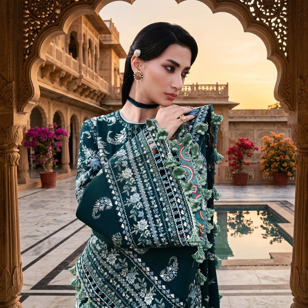 Premium quality Dhanak embroidered 3 piece suit with daman chak lace embroidered sleeves shawl pallu patches and trouser patch