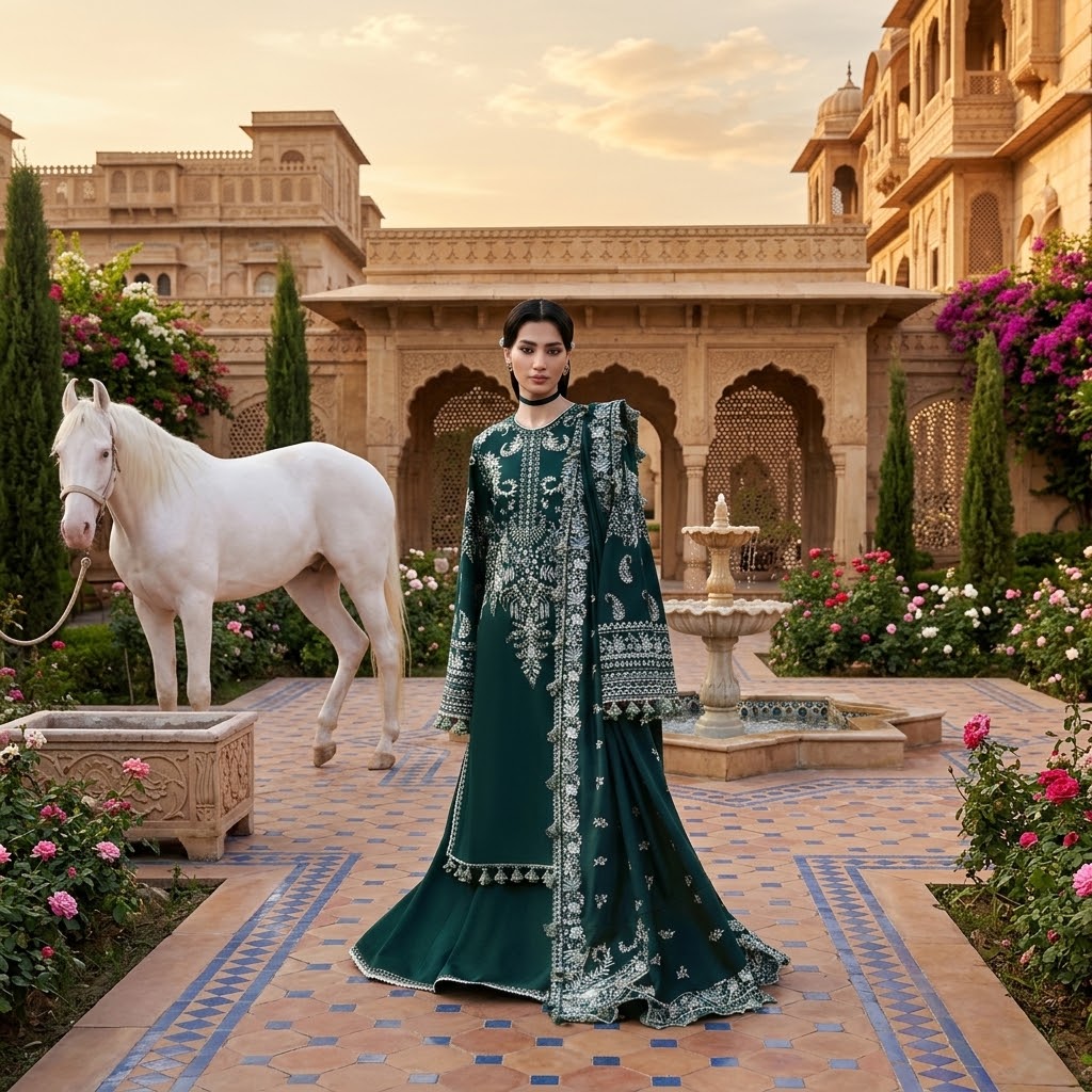 Premium Dhanak Embroidered 3-Piece Suit with Pallu & Trouser Patches WS-48