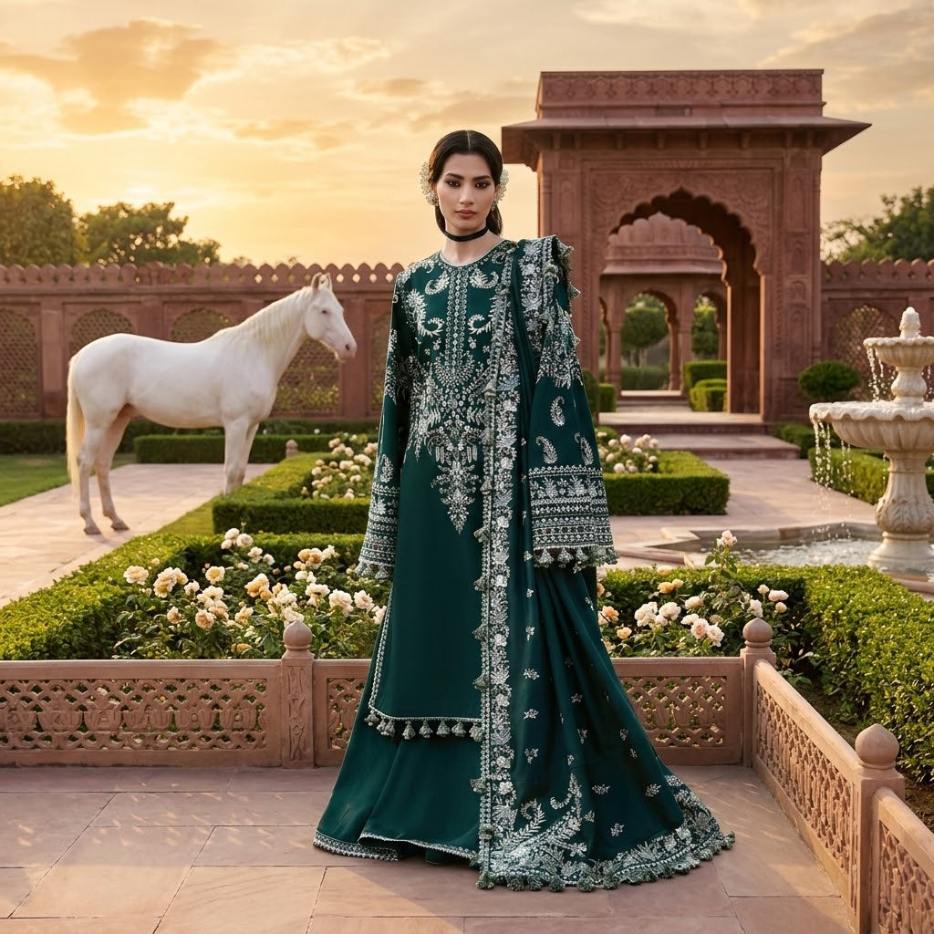 Premium Dhanak Embroidered 3-Piece Suit with Pallu & Trouser Patches WS-48