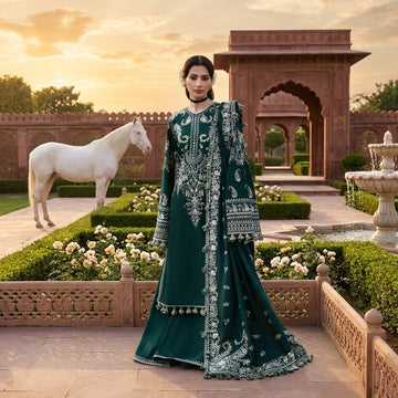 Premium Dhanak Embroidered 3-Piece Suit with Pallu & Trouser Patches WS-48
